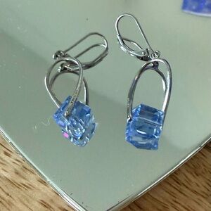 Silver Drop Earrings with Light Blue Crystal Cubes